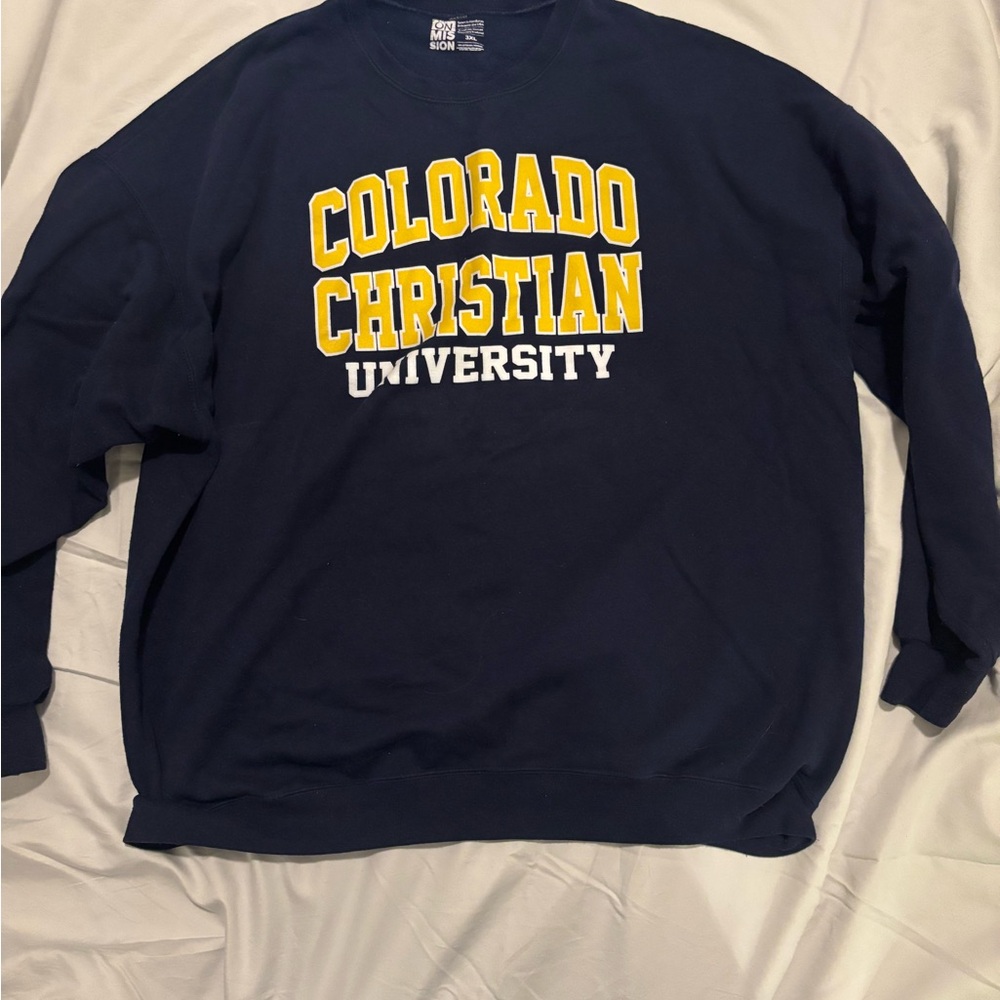 Mi Navy Crewneck Sweater with Yellow and White Print